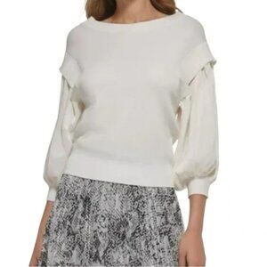 **DKNY Ivory Crew Neck Sweater with Balloon Sleeves MSRP $79.00